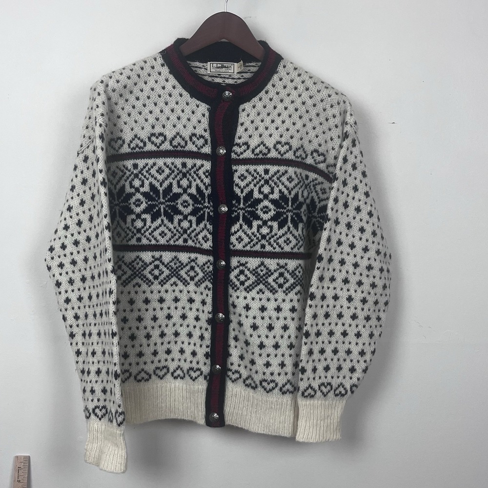 LL Bean Vintage Fair Isle Wool‎ Cardigan Sweater Snowflake Heart USA Made Large